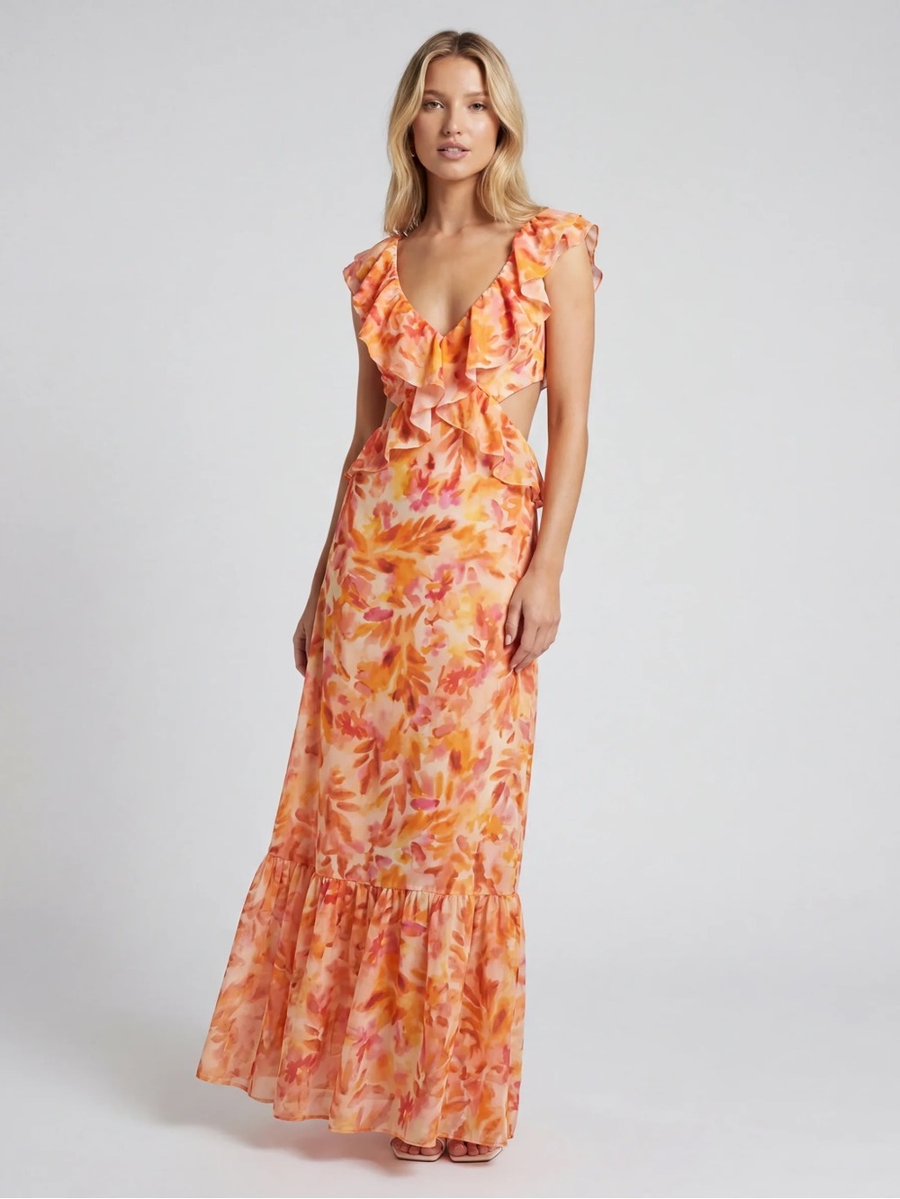 Zara Orange & Pink Linen Maxi Dress Side Cutouts Ruffle Sleeve Size L